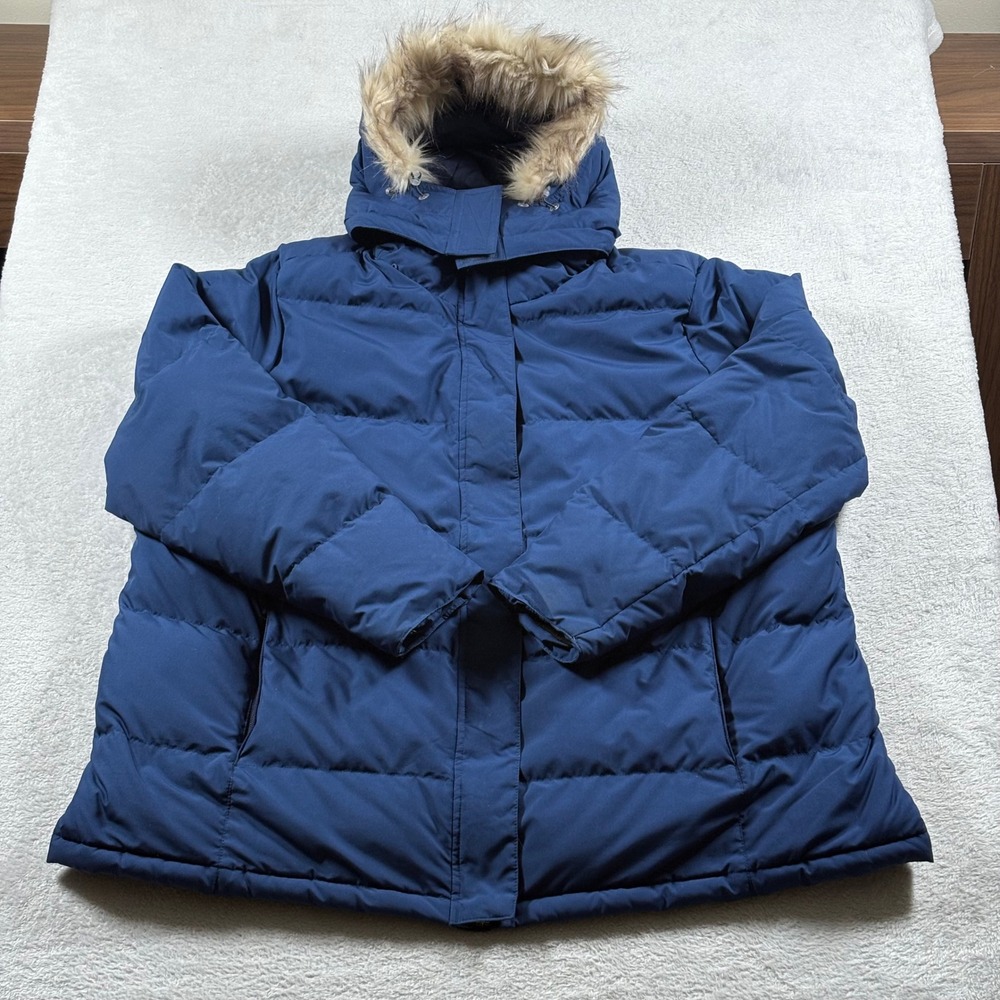 LL Bean Womens 2X Plus DownTek Water Repellent Down Parka Navy Faux Fur Hood